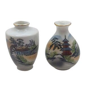 Vintage Hand-Painted Japanese Satsuma-Style Miniature Porcelain Vases Set Of 2